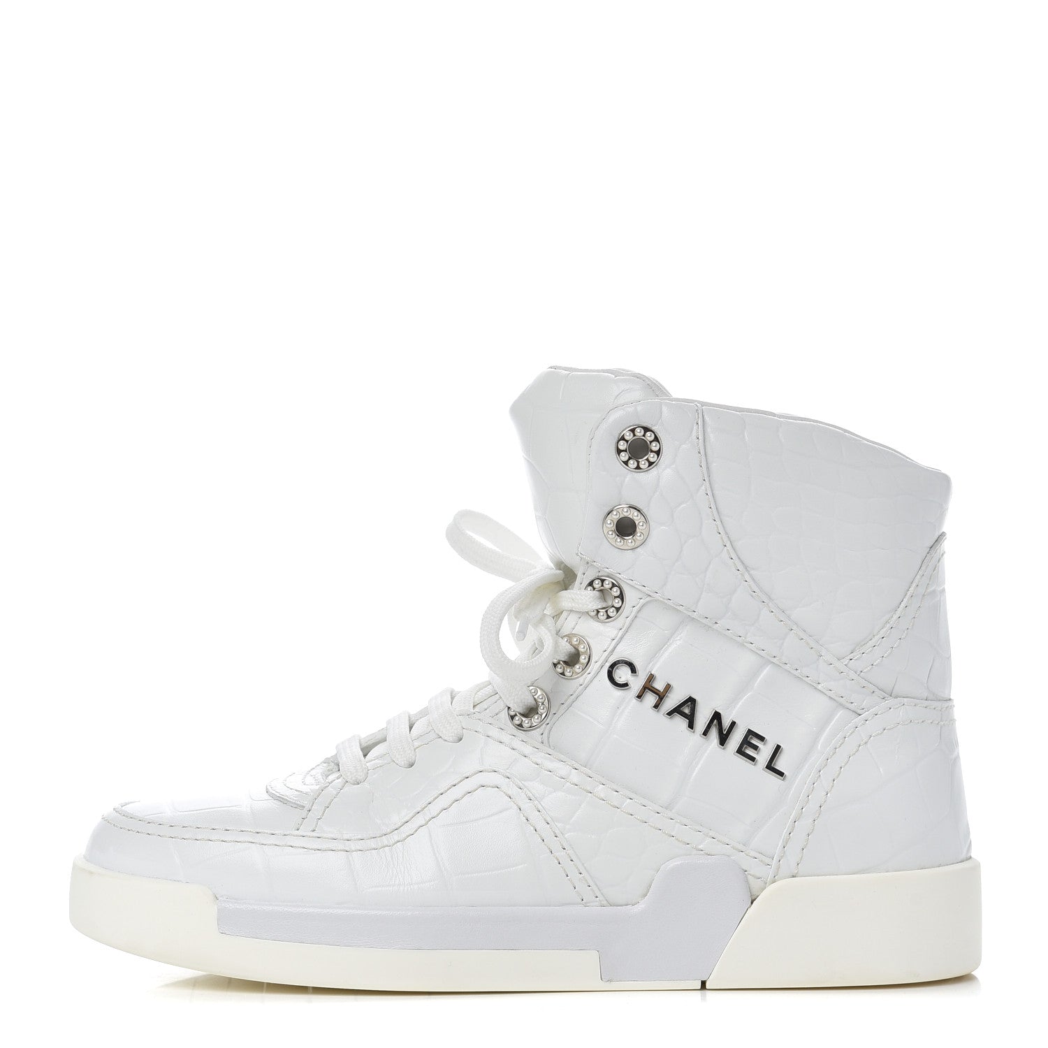 Chanel Calfskin Crocodile Embossed Cocodile High Top Sneakers 36 White 1 of 14