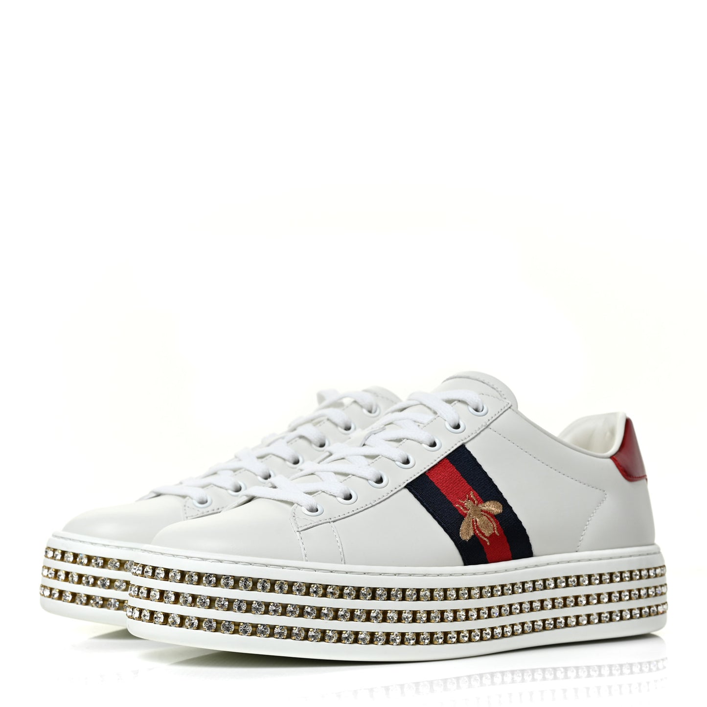 Calfskin Crystal Web Bee Embroidered Womens Ace Platform Sneakers 38.5 White