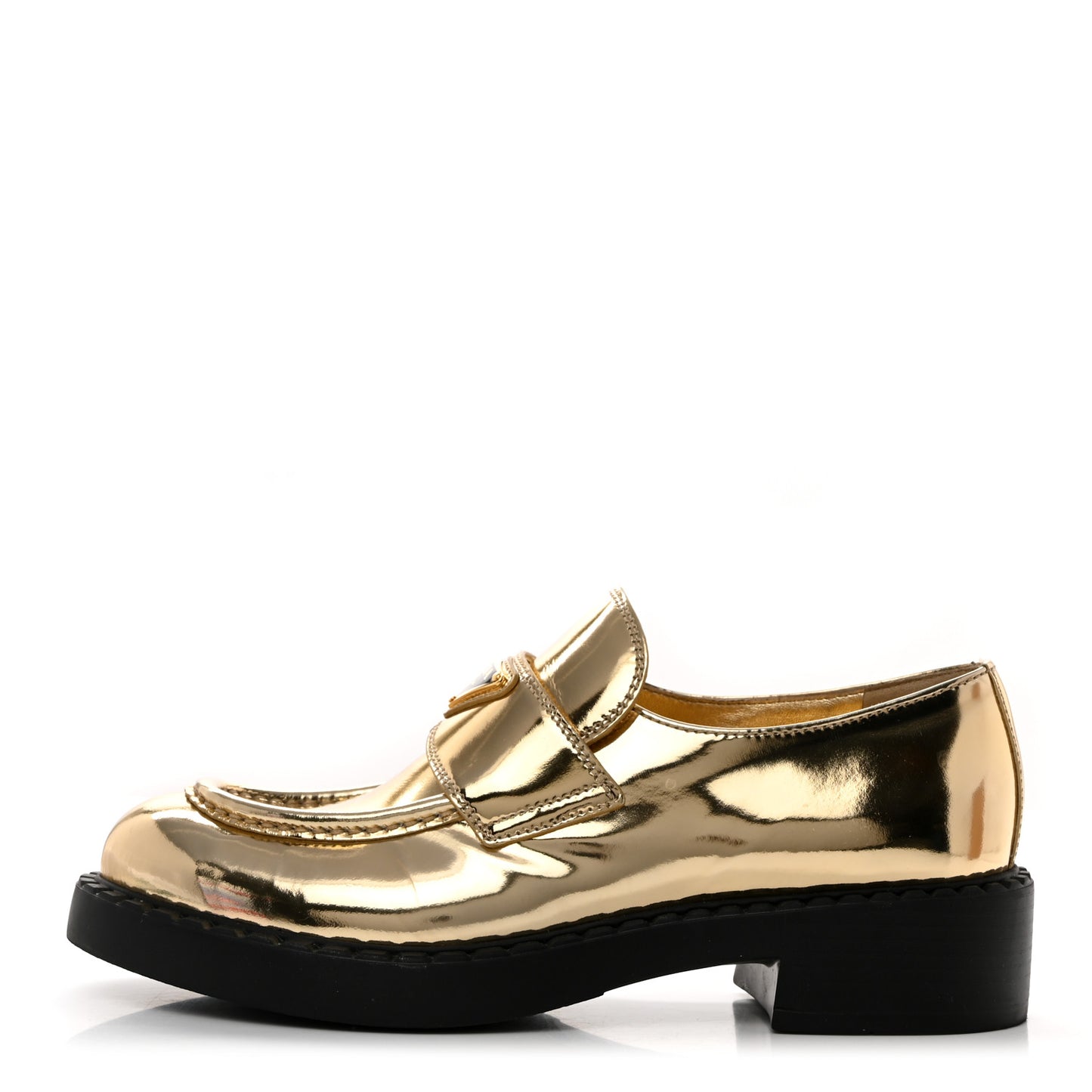 Metallic Brushed Calfskin Metal Triangle Logo 50mm Loafers 39.5 Platino