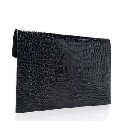 Saint Laurent Calfskin Crocodile Embossed Uptown Monogram Clutch Black 2 of 6
