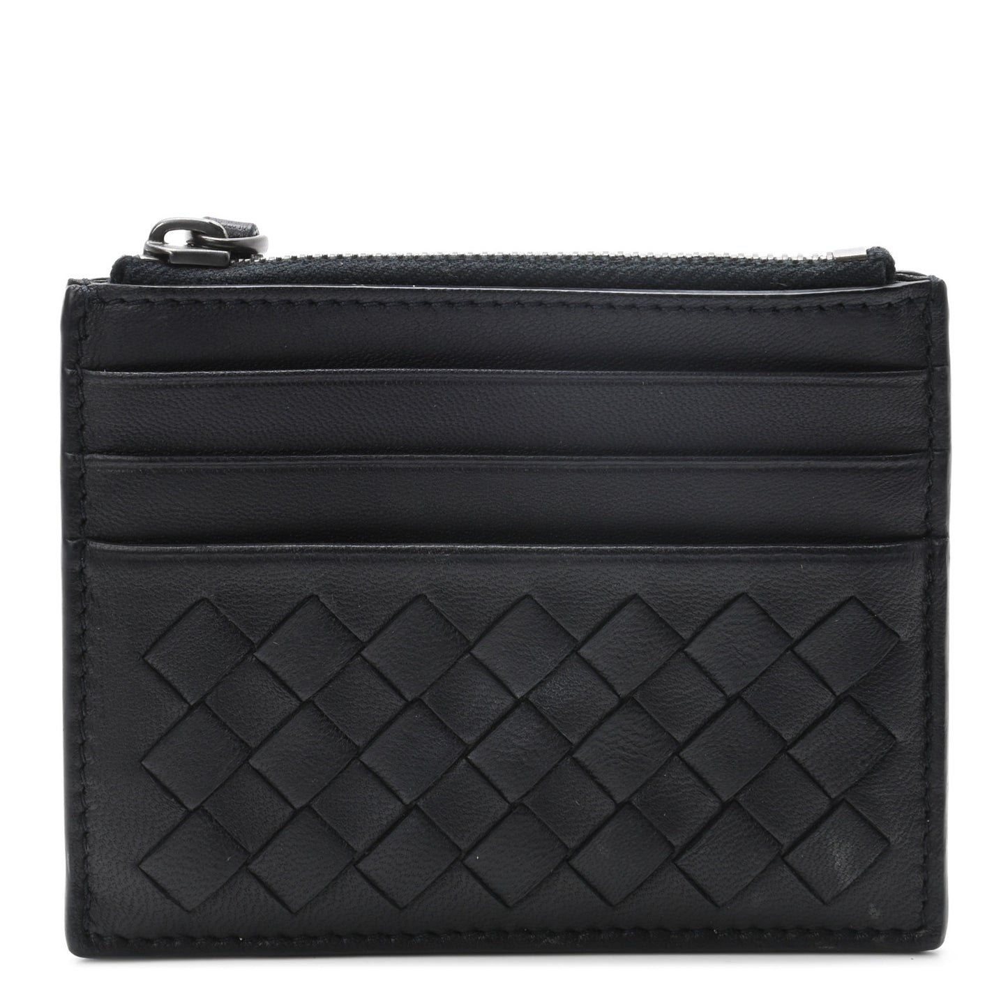 Calfskin Intrecciato Zip Card Holder Black