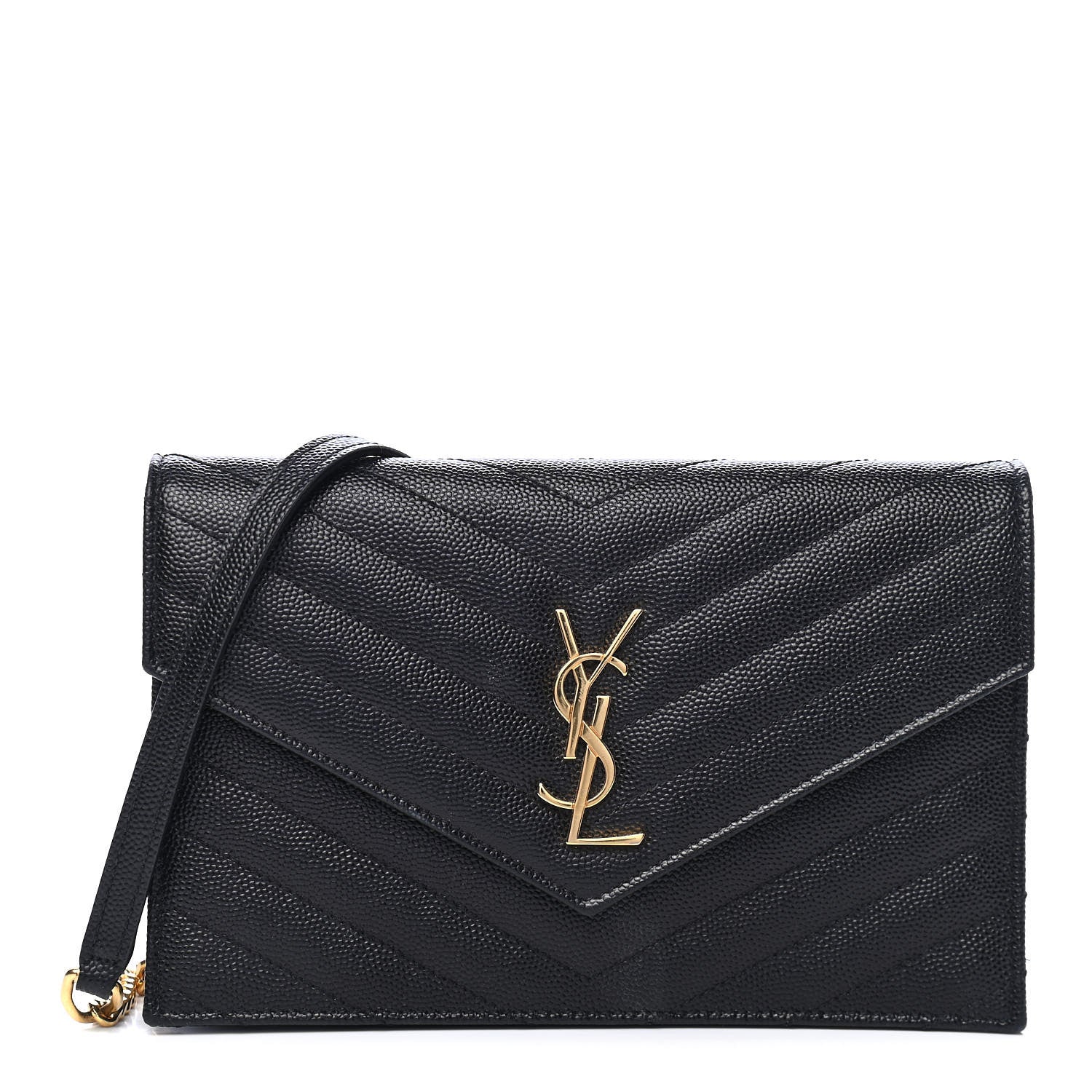 Saint Laurent Grain De Poudre Matelasse Chevron Monogram Envelope Chain Wallet Black 2 of 18