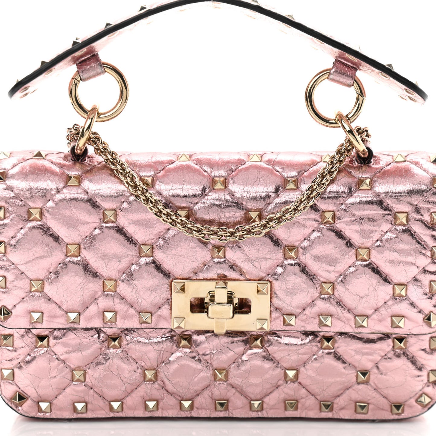 Metallic Wrinkled Lambskin Small Rockstud Spike Shoulder Bag Lipstick