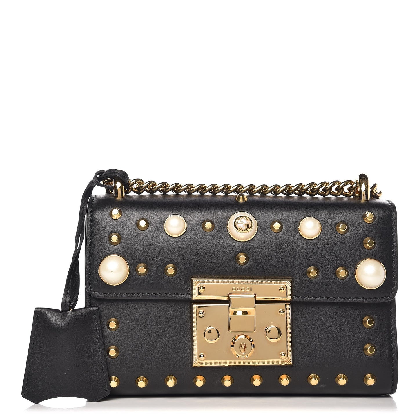 Calfskin Studded Small Padlock Shoulder Bag Black