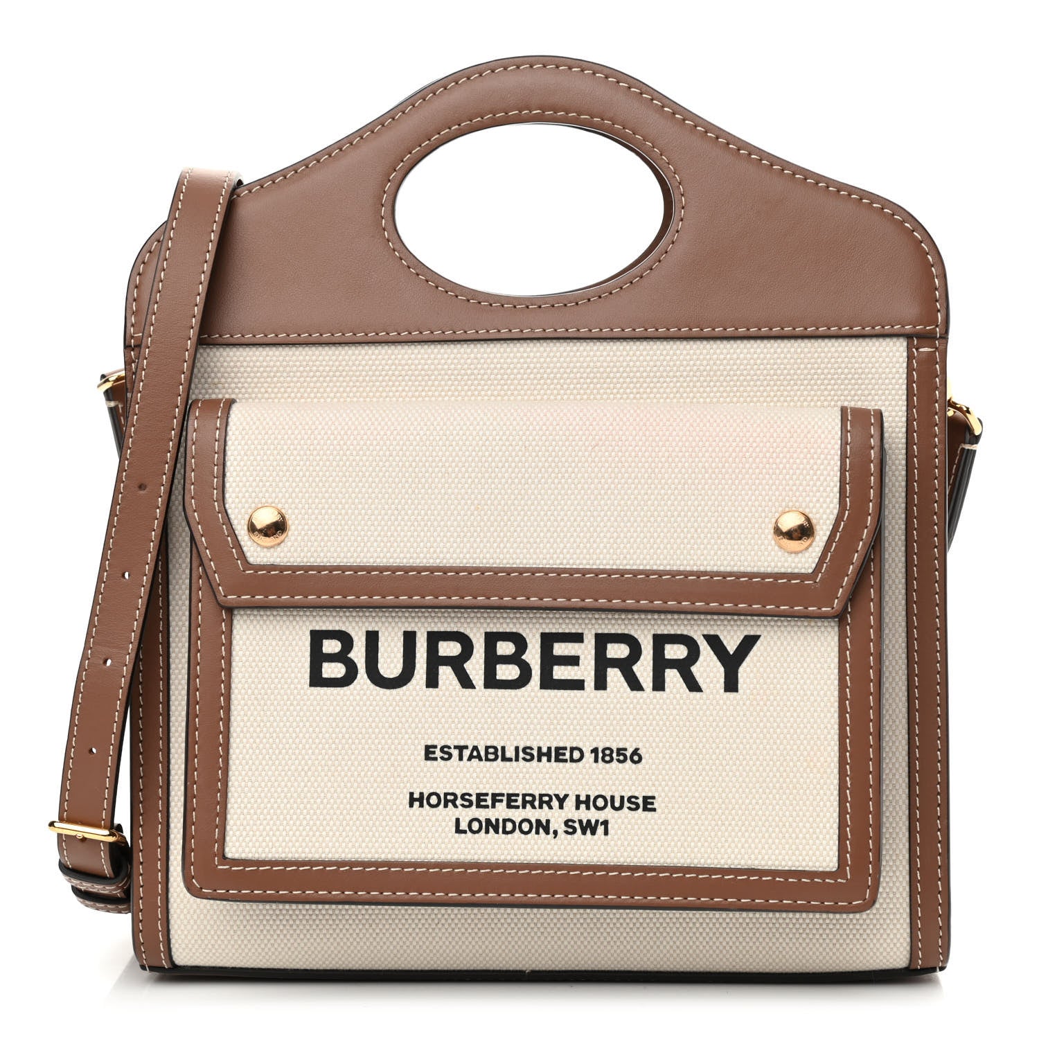 Burberry Canvas Smooth Calfskin Two Tone Mini Pocket Bag Natural Malt Brown 1 of 10