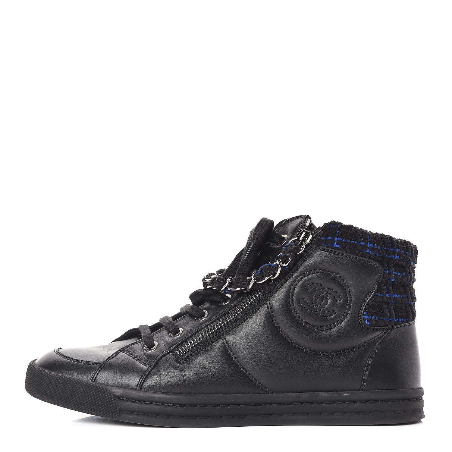 Chanel Lambskin Tweed Zipped Sneakers 38 Black Blue 1 of 11