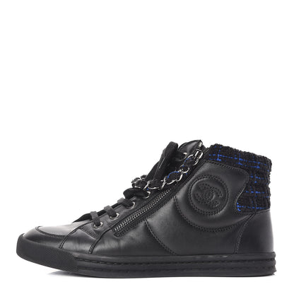 Chanel Lambskin Tweed Zipped Sneakers 38 Black Blue 1 of 11