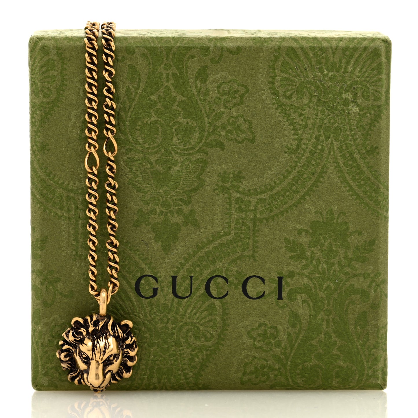 Metal Crystal Lion Head Necklace Aged Gold