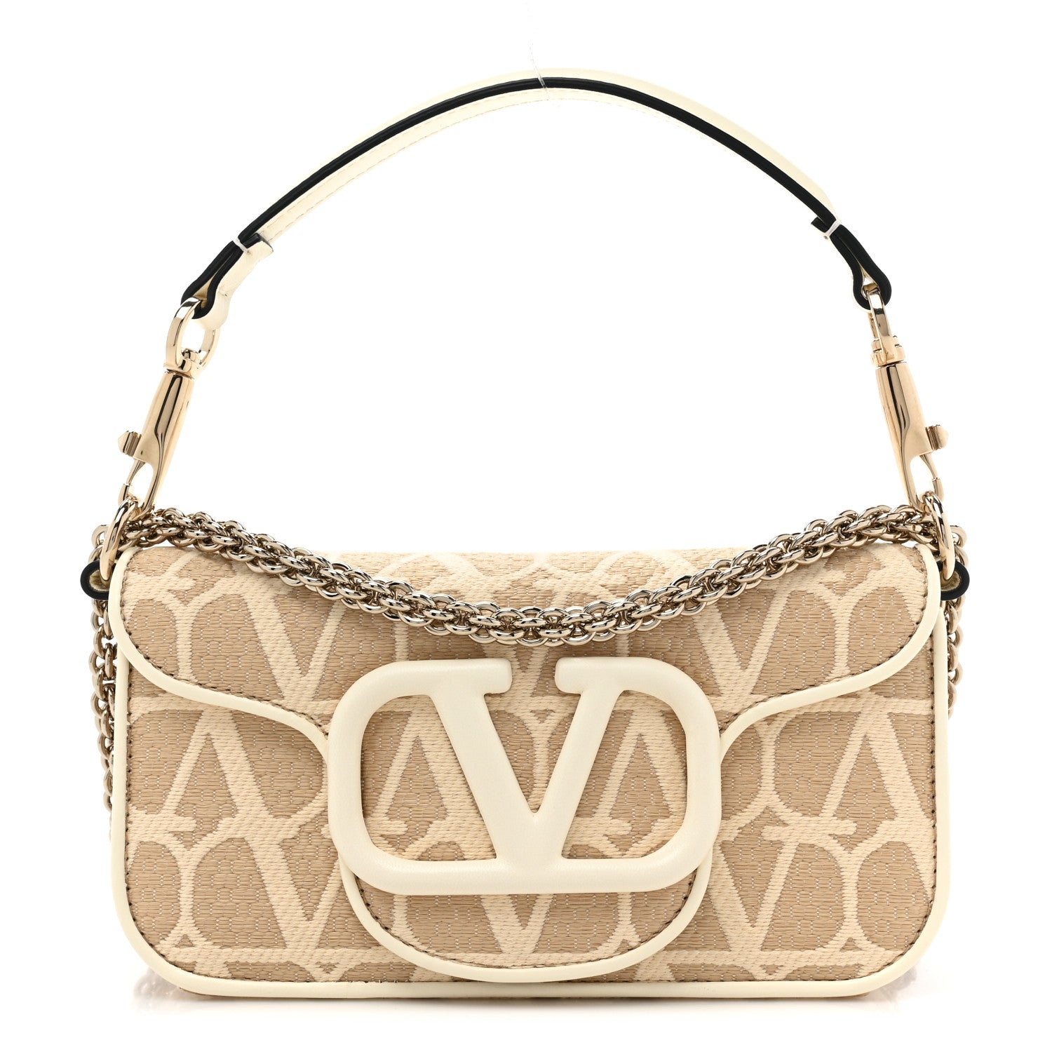 Valentino Garavani Raffia Toile Iconographe Calfskin Vlogo Small Loco Shoulder Bag Natural Ivory 1 of 10