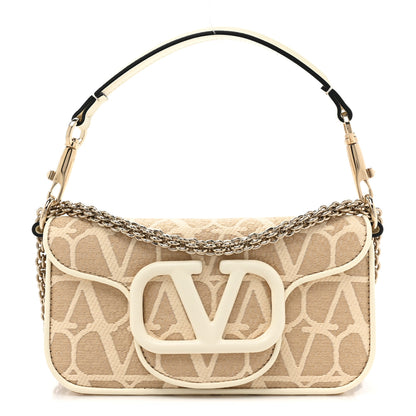 Valentino Garavani Raffia Toile Iconographe Calfskin Vlogo Small Loco Shoulder Bag Natural Ivory 1 of 10