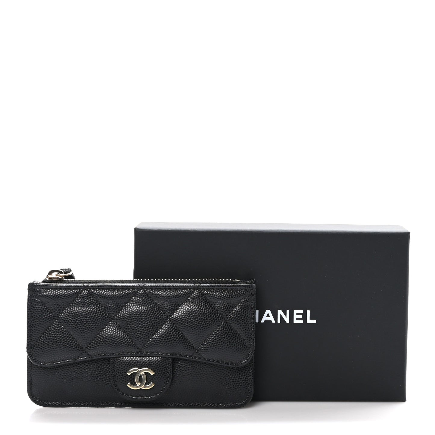 Caviar Quilted Flap Zip Card Holder Black