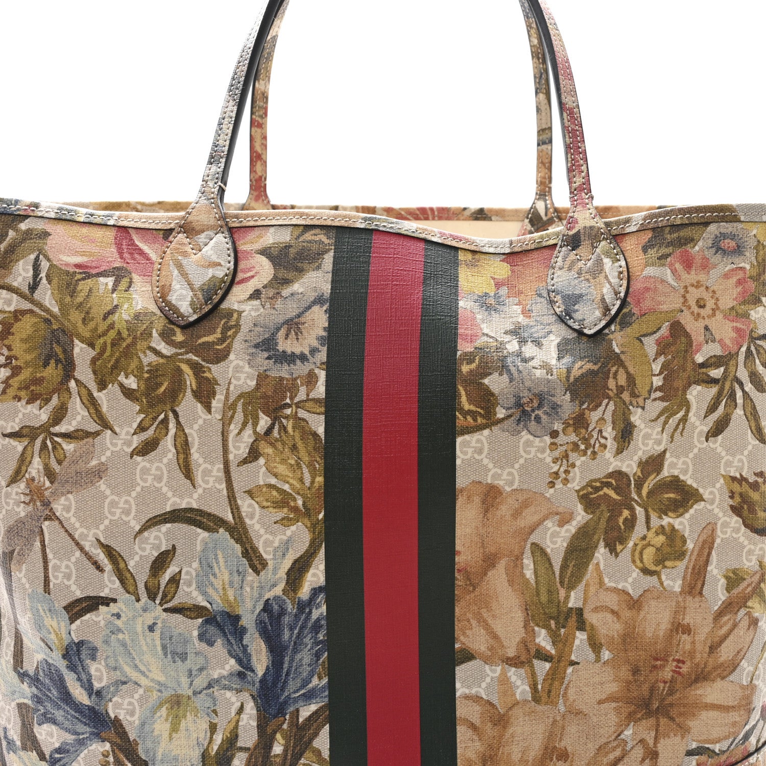 Gucci GG Supreme Monogram Water Flora Web Large Ophidia Tote Beige White Multicolor 9 of 12