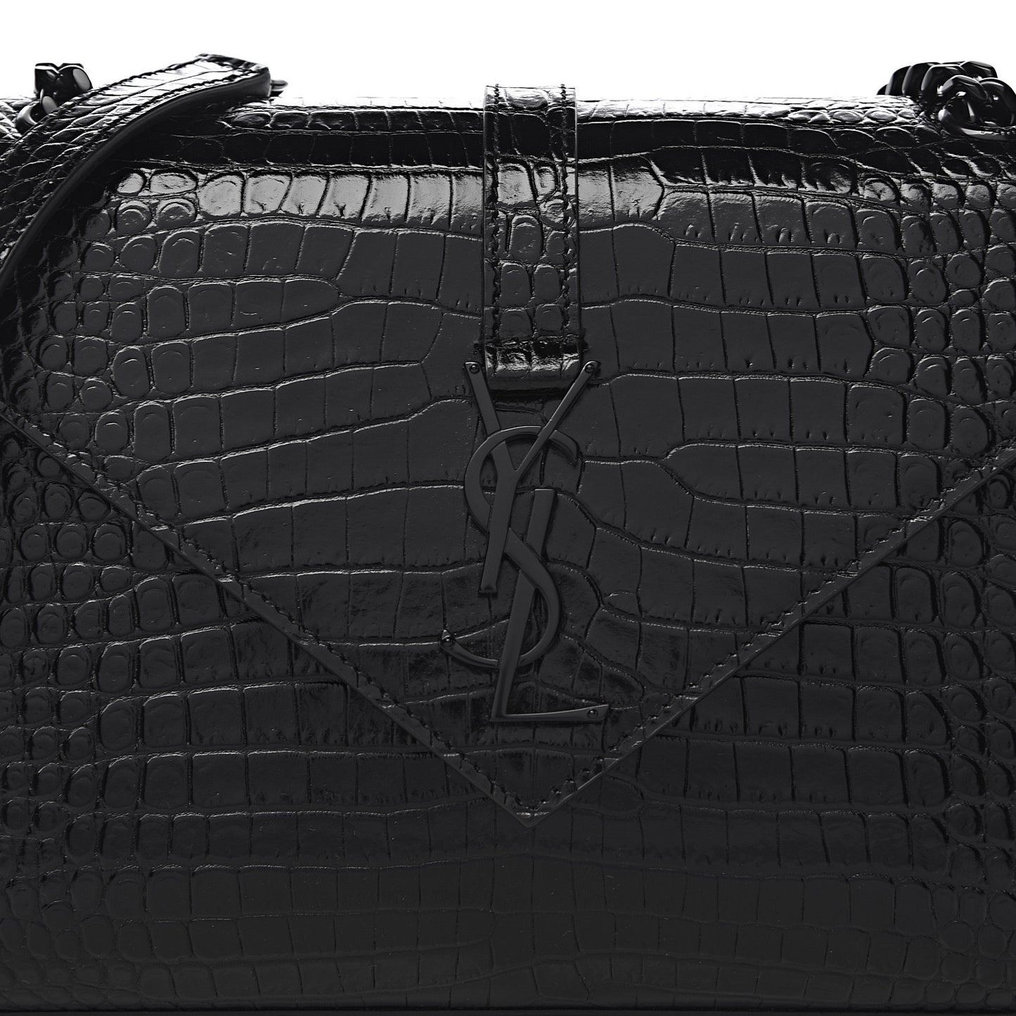 Calfskin Crocodile Embossed Medium Monogram Envelope Chain Shoulder Bag Black