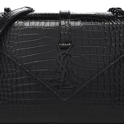 Saint Laurent Calfskin Crocodile Embossed Medium Monogram Envelope Chain Shoulder Bag Black 10 of 10