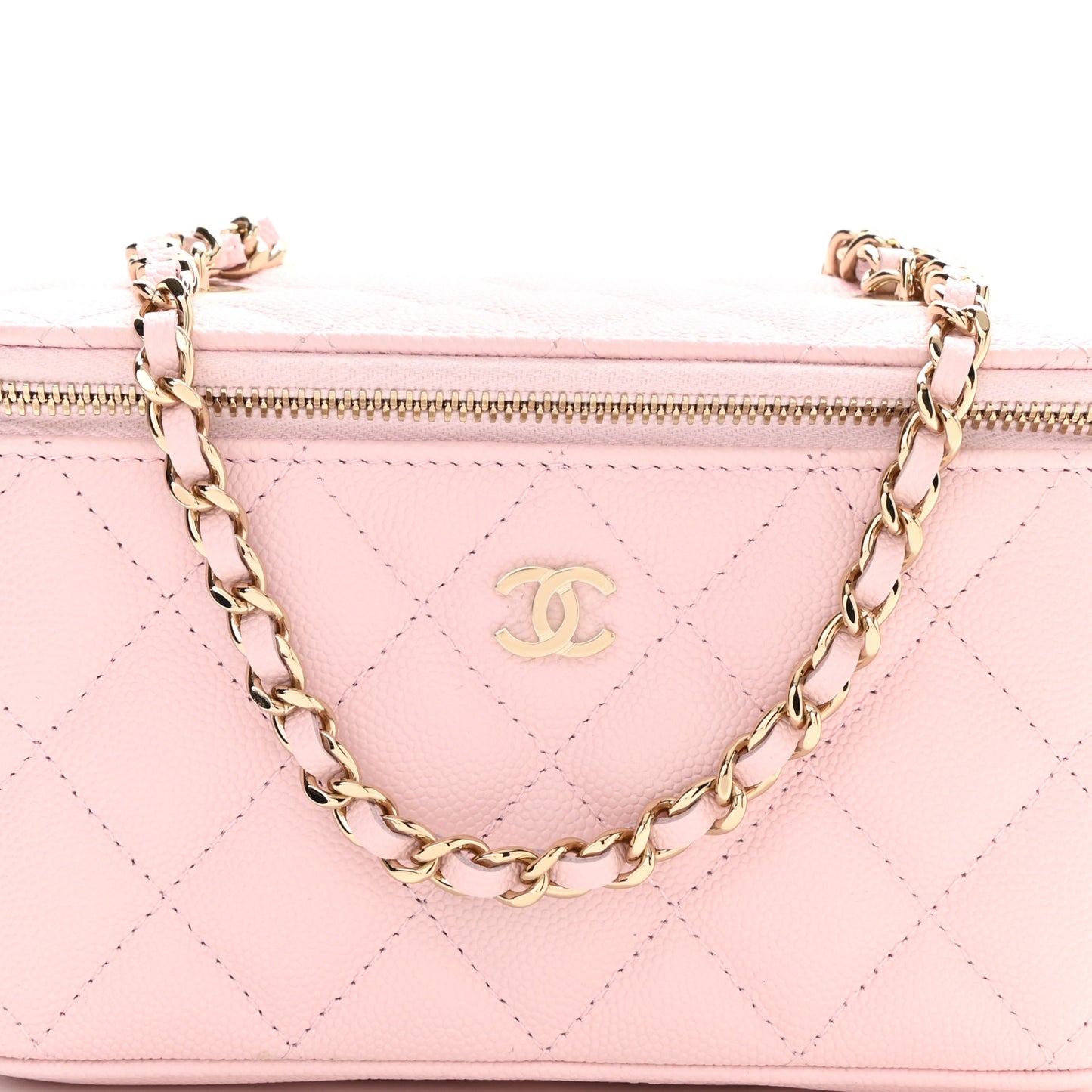 Caviar Quilted Small Vanity Case With Chain Light Pink
