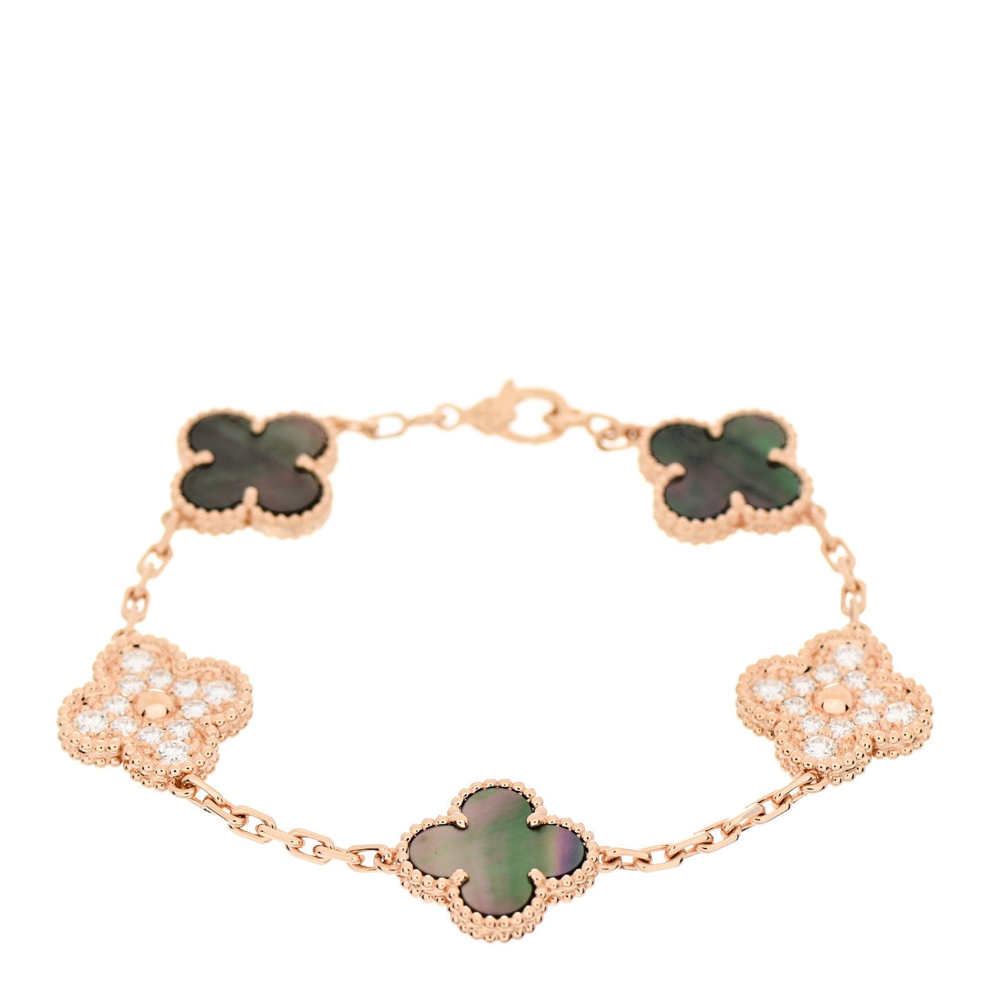 18K Rose Gold Diamond Gray Mother of Pearl 5 Motifs Vintage Alhambra Bracelet