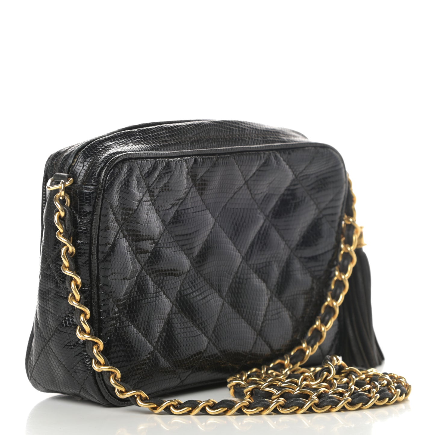 Lizard Quilted Small Tassel Camera Case Black