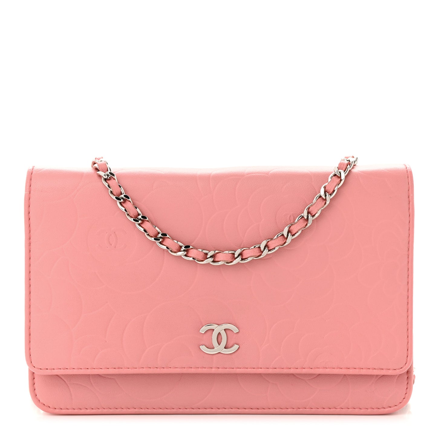 Lambskin Camellia Embossed Wallet on Chain WOC Pink