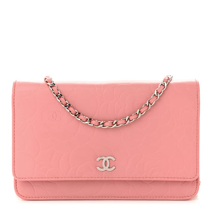 Chanel Lambskin Camellia Embossed Wallet on Chain WOC Pink 1 of 13
