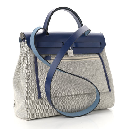 Hermes Vache Hunter Toile H Brides de Gala Herbag Zip Retourne 31 PM Bleu De France Ecru Black 4 of 10