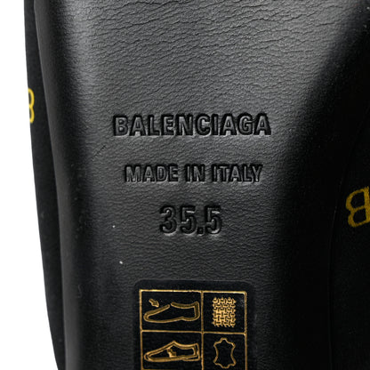Balenciaga Crepe Satin BB Printed Pointy Toe Knife Flat Mules 36.5 Black Yellow 8 of 9
