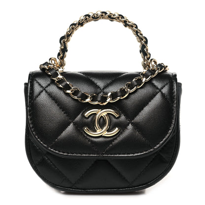 Chanel Lambskin Quilted Pearl Top Handle Clutch With Chain Black 1 of 12