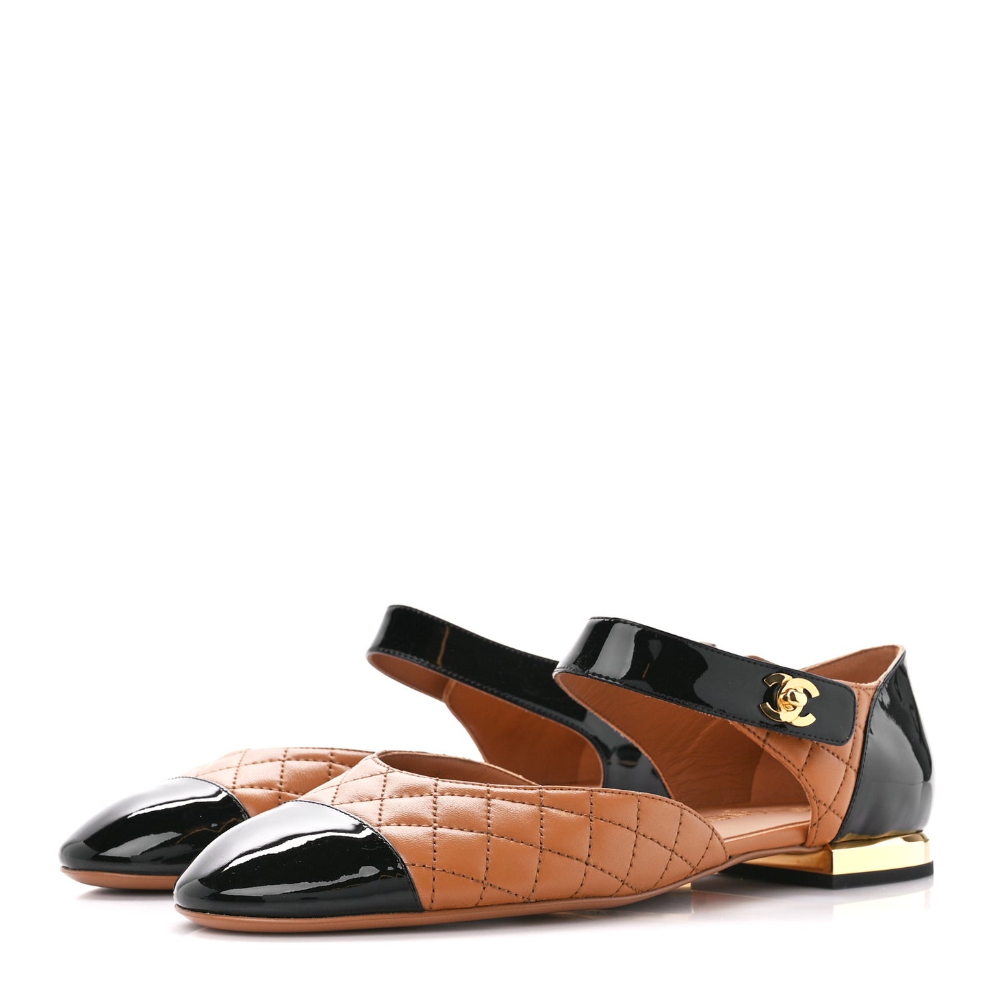 Patent Lambskin Quilted Cap Toe Ballerina Flats 41 Light Brown Black