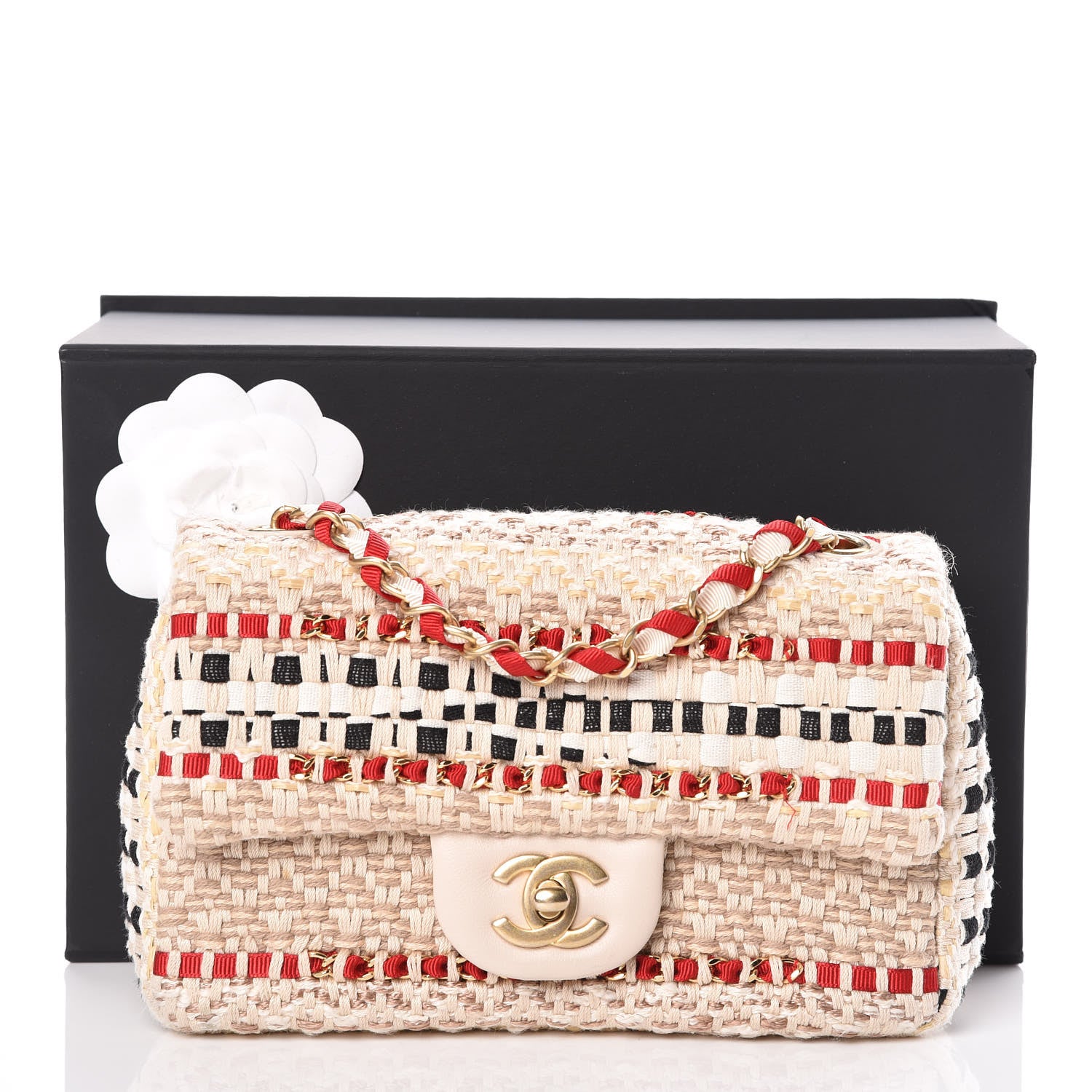 Chanel Cotton Raffia Lambskin Woven Mini Rectangular Flap Beige Red Black 11 of 11