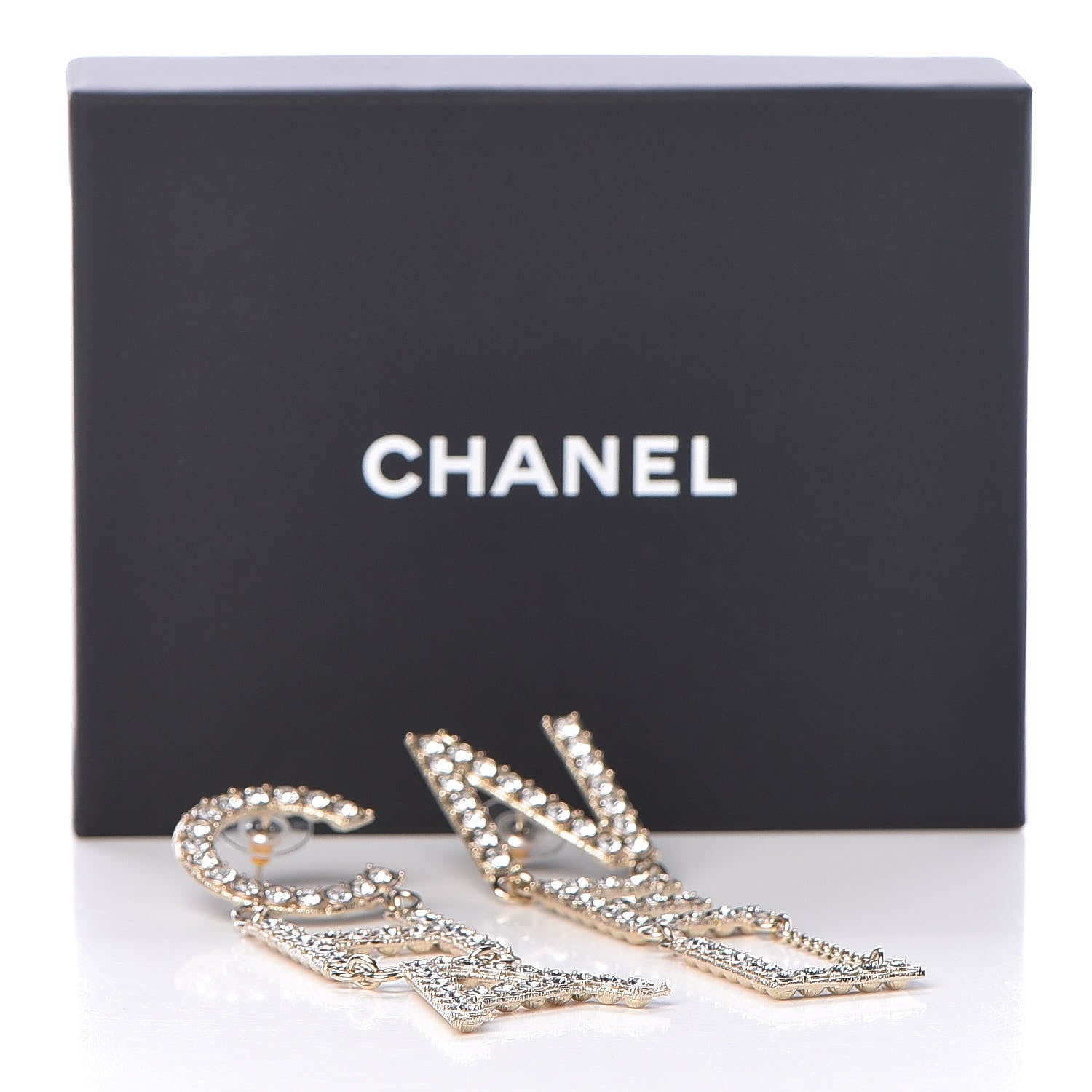 Chanel Crystal Cha-Nel Logo Drop Earrings Gold 5 of 5