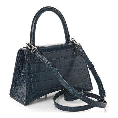 Balenciaga Shiny Calfskin Crocodile Embossed Small Hourglass Top Handle Bag Dark Petrol Blue 3 of 9