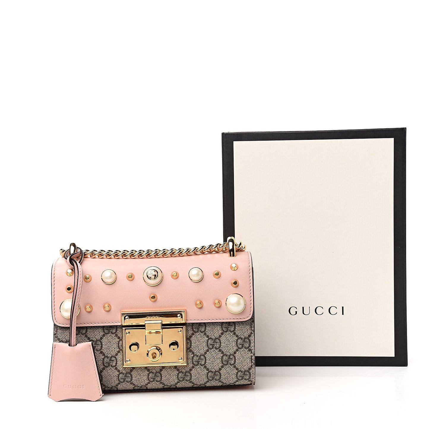 GG Supreme Monogram Calfskin Studded Small Padlock Shoulder Bag Beige Perfect Pink