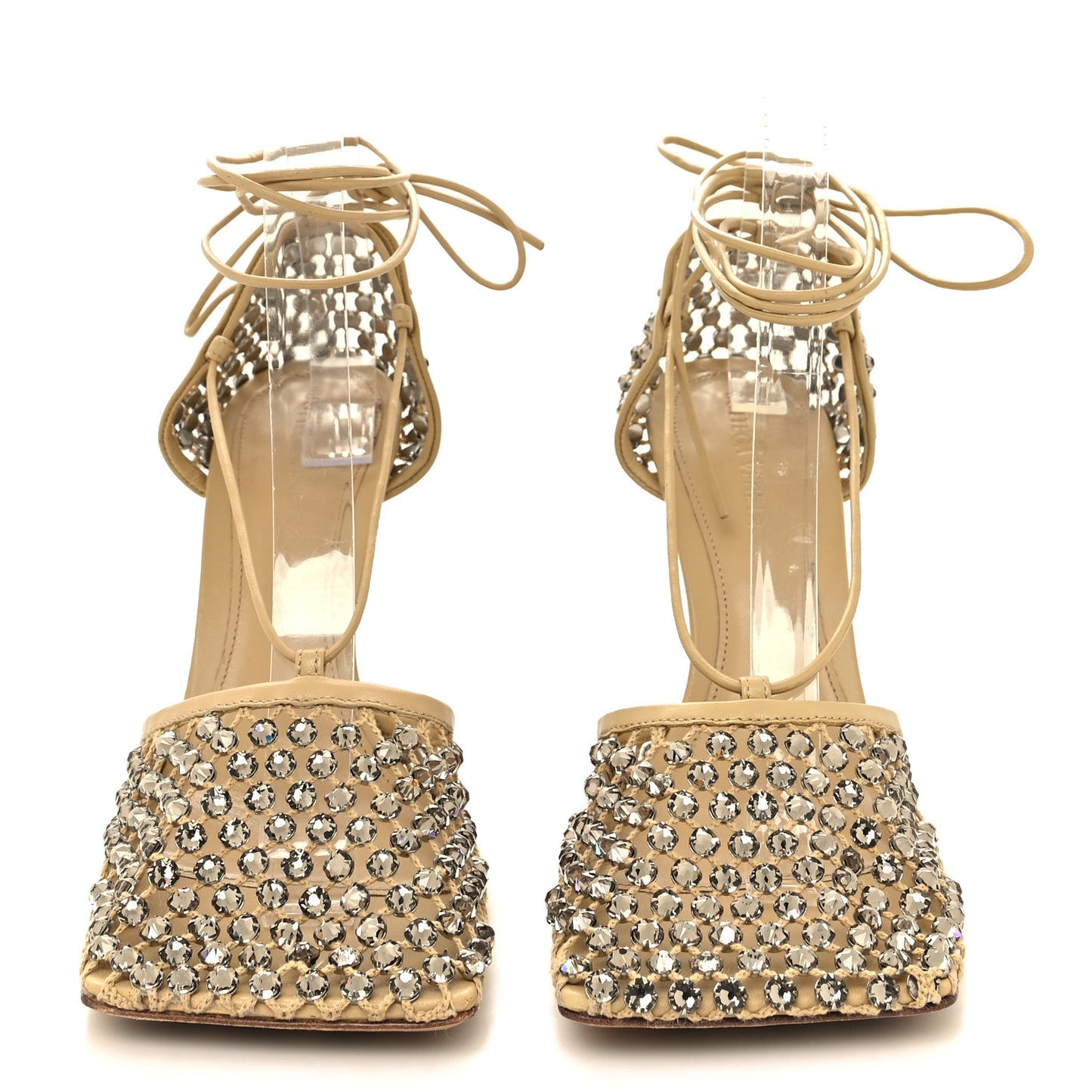 Mesh Nappa Crystal Embellished Sparkle Stretch Ankle Tie 90mm Sandals 40 Cane Sugar