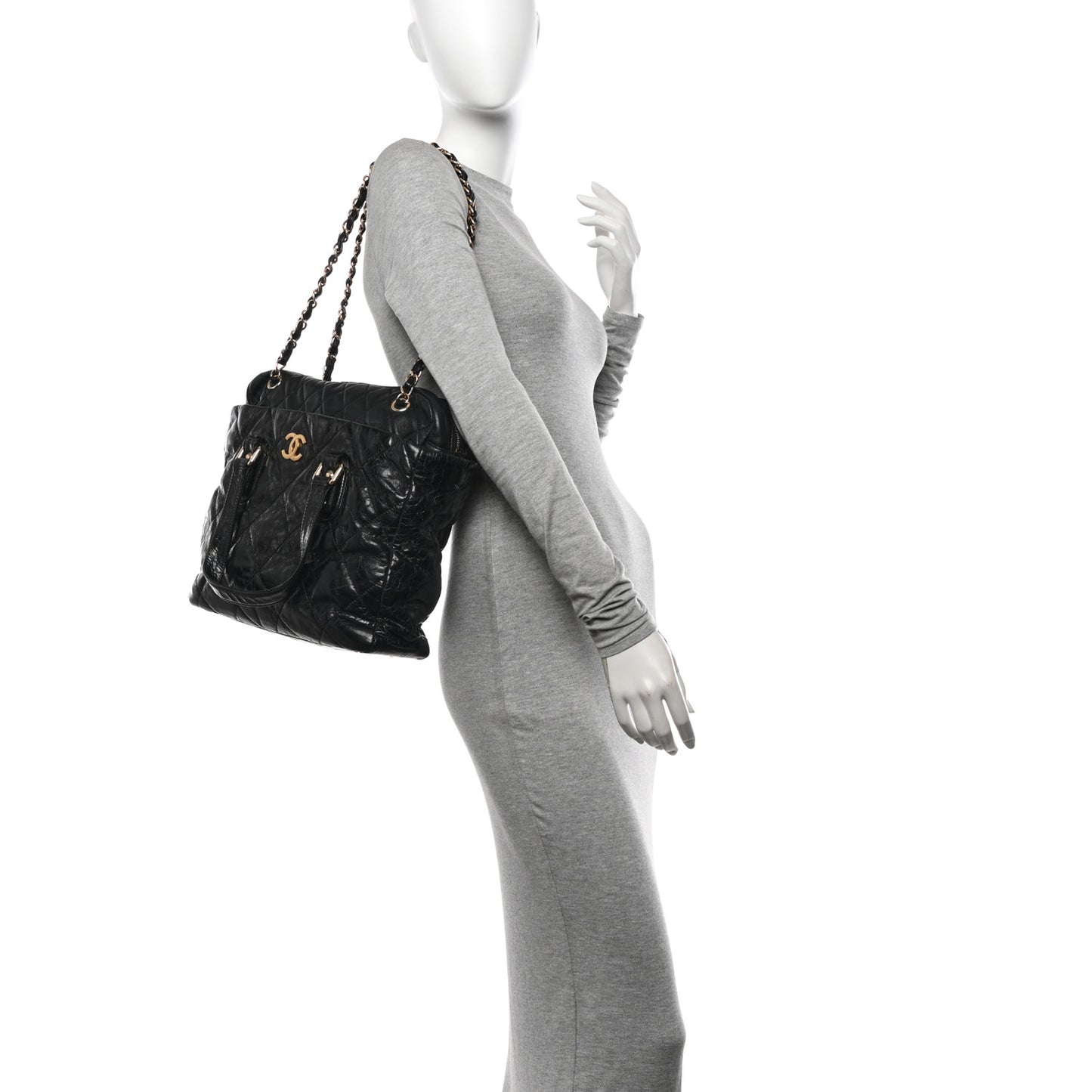 Glazed Calfskin Lambskin Quilted Portobello Tote Black