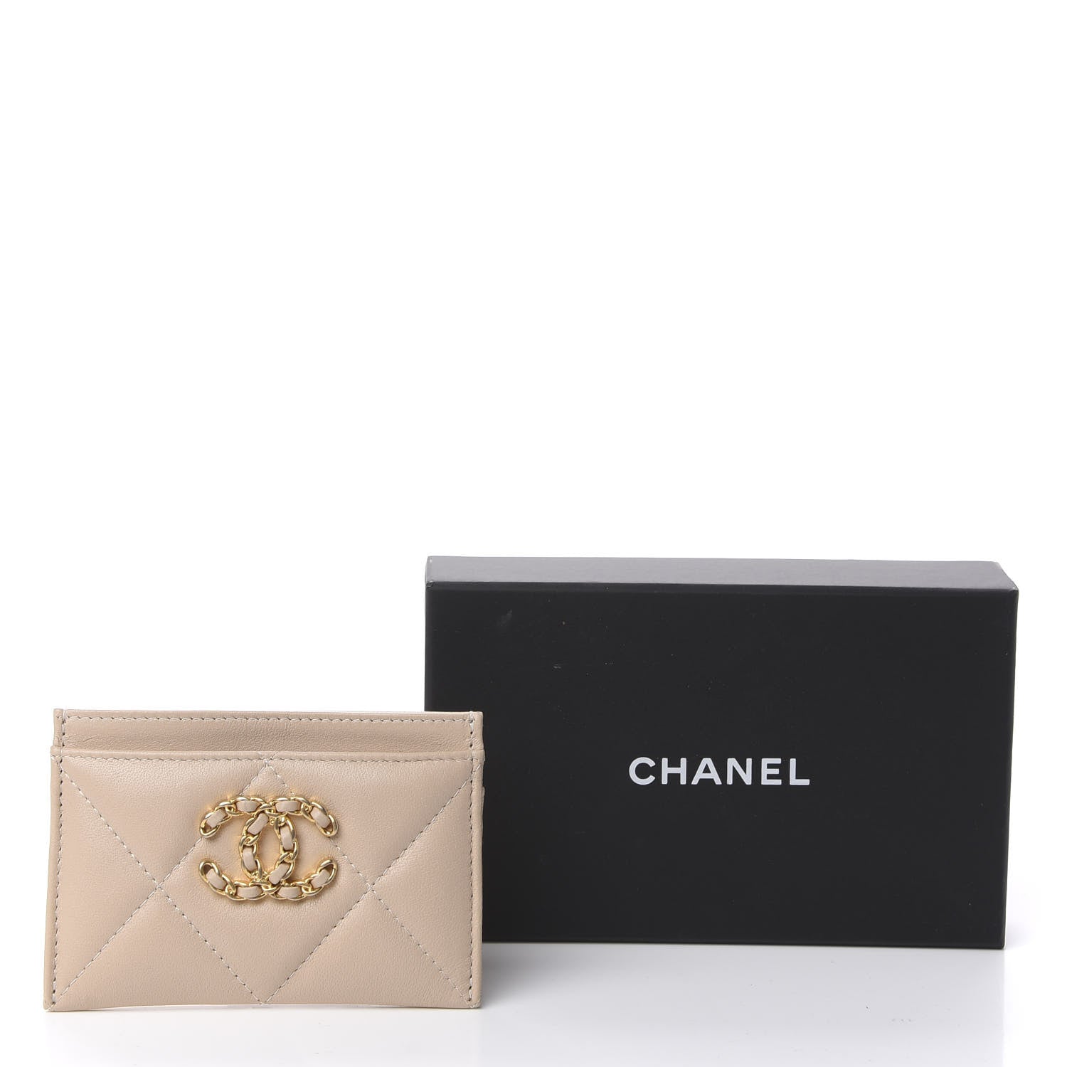 Chanel Shiny Goatskin Quilted Chanel 19 Card Holder Beige 9 of 9