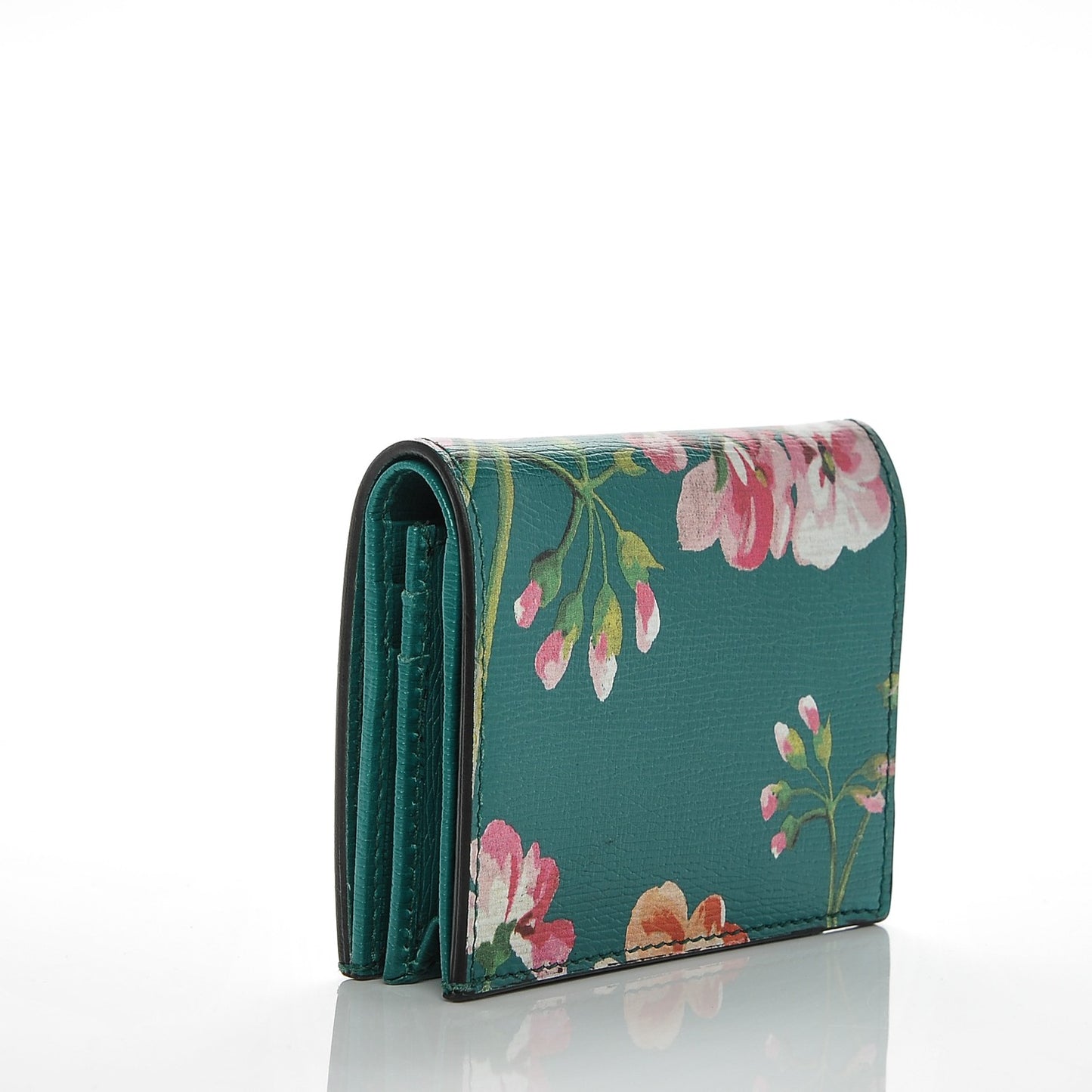 Shangai Calfskin Blooms Print Card Case Wallet Clear Bright Emerald Multicolor