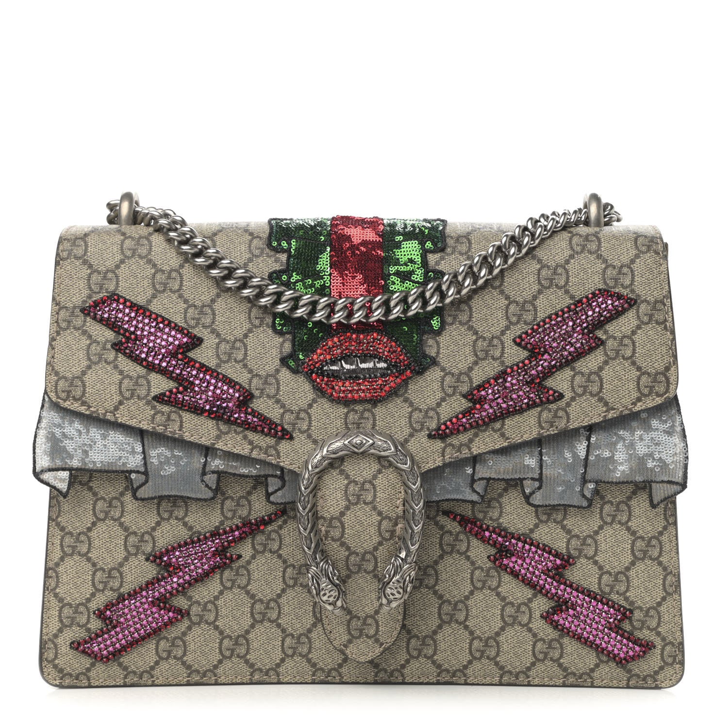Gucci GG Supreme Monogram Lightning Embroidered Medium Dionysus Shoulder Bag Beige 1 of 12