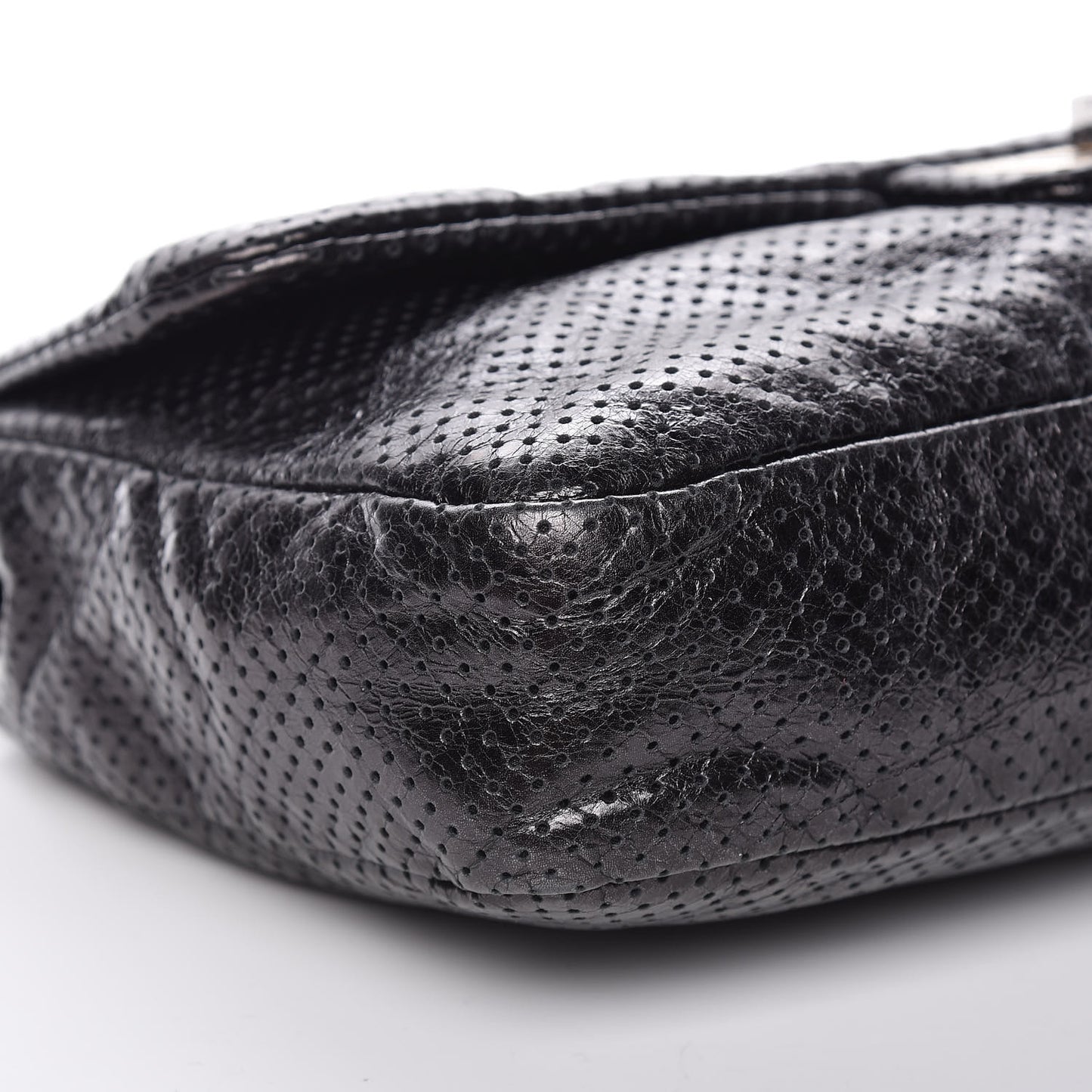 Metallic Crackled Calfskin Large Perforated Drill Flap Black