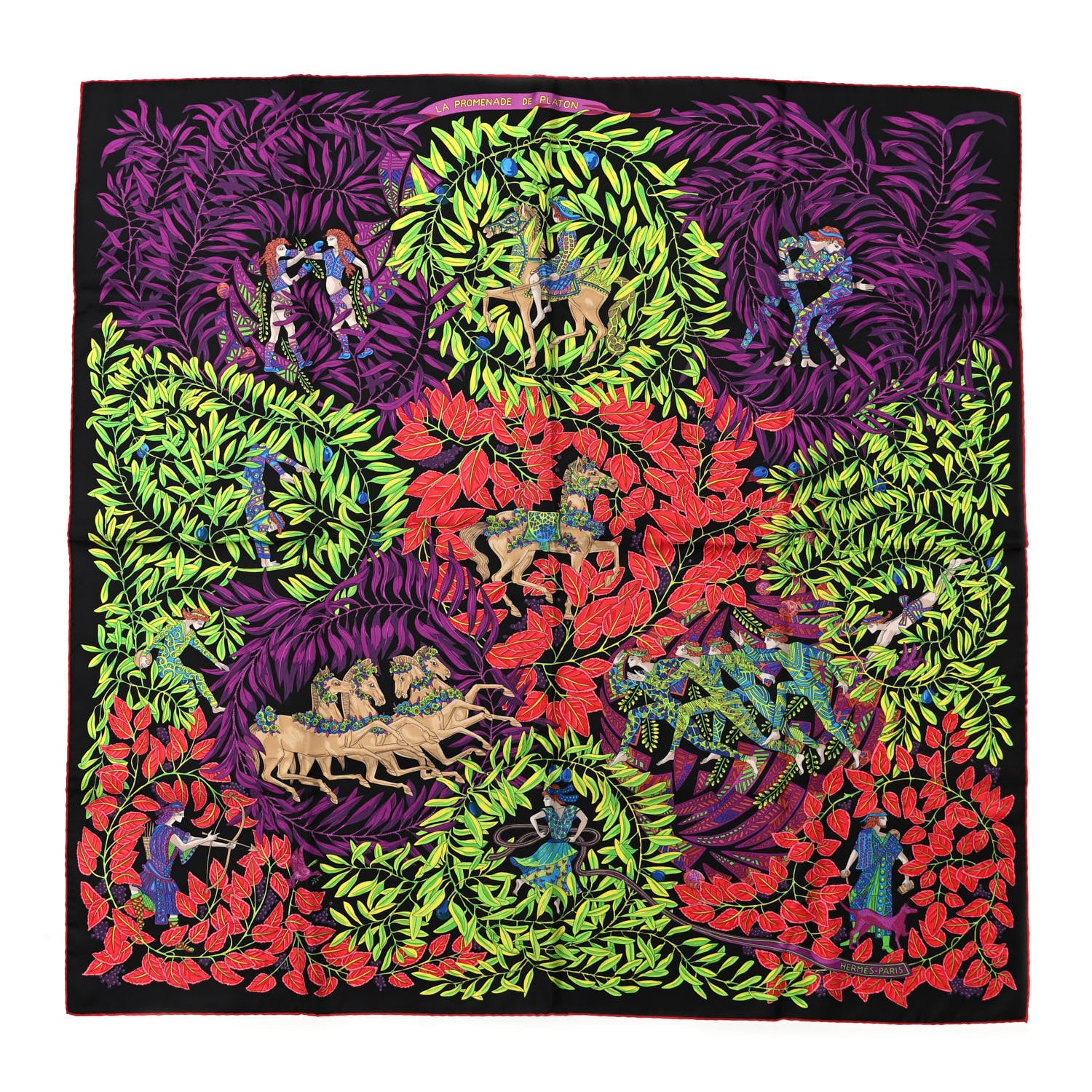 Hermes Silk La Promenade De Platon Scarf 90 Black Vert Fluo Vermillon 1 of 5