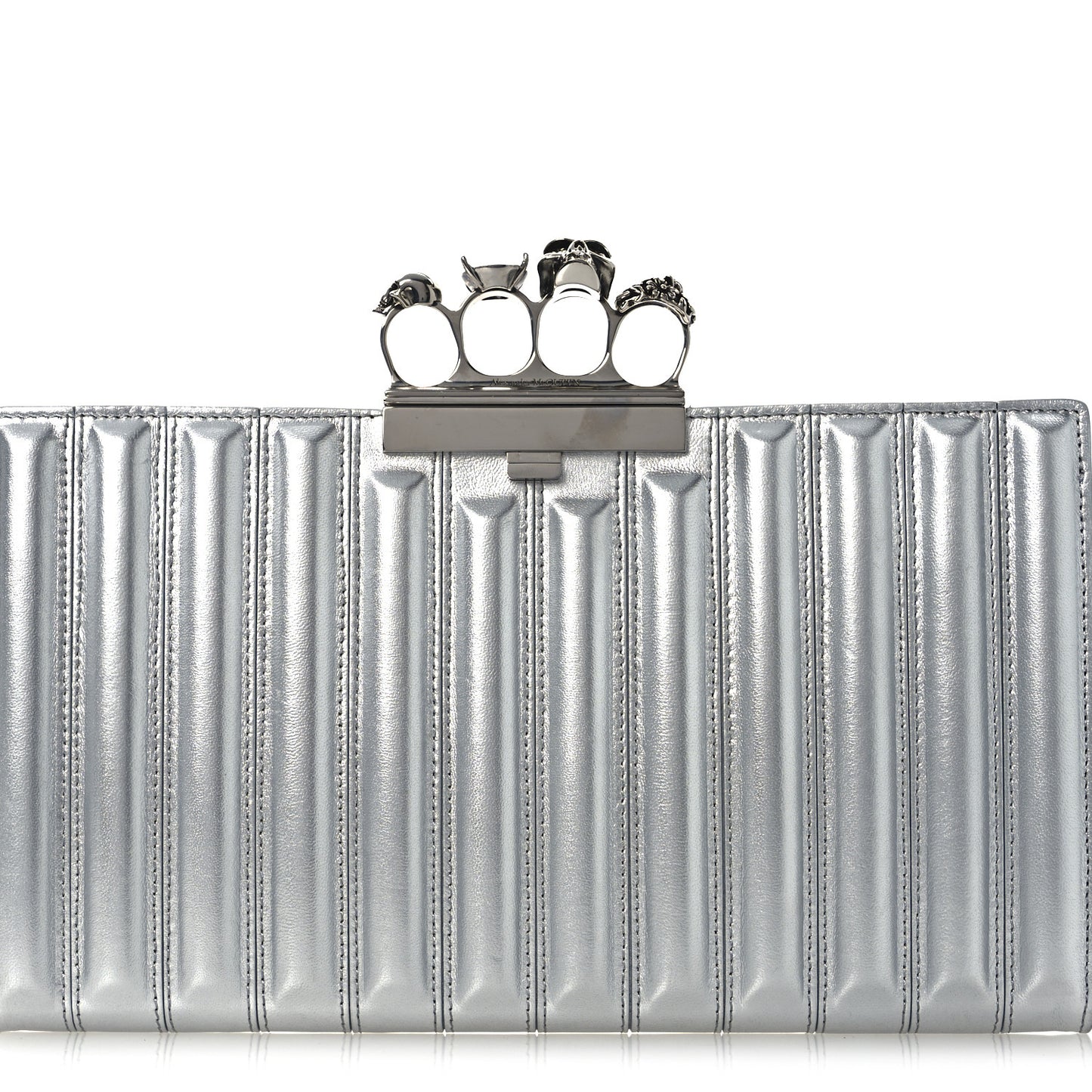 Metallic Calfskin Quilted Four Ring Knuckle Flat Clutch Silver