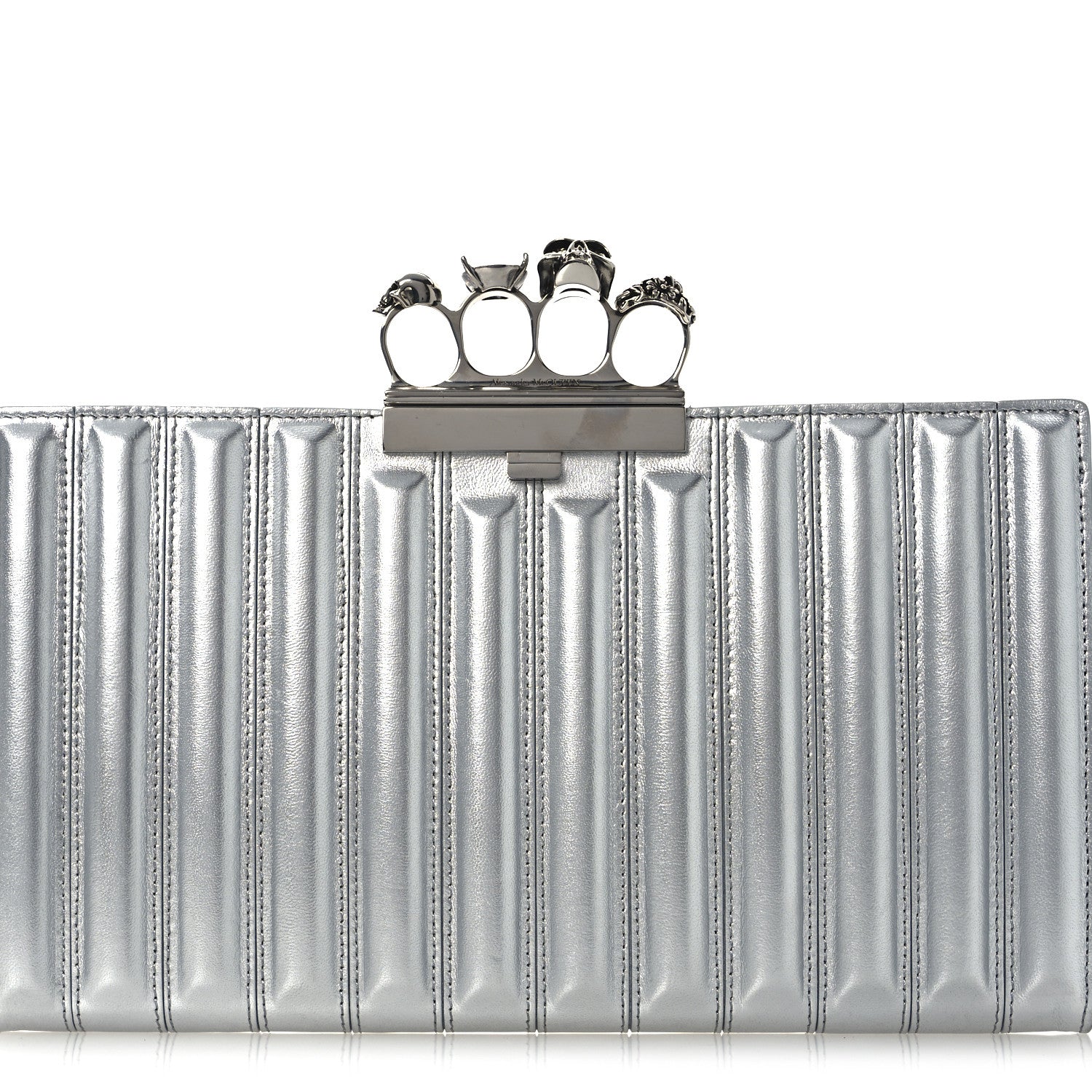 Alexander McQueen Metallic Calfskin Quilted Four Ring Knuckle Flat Clutch Silver 8 of 13