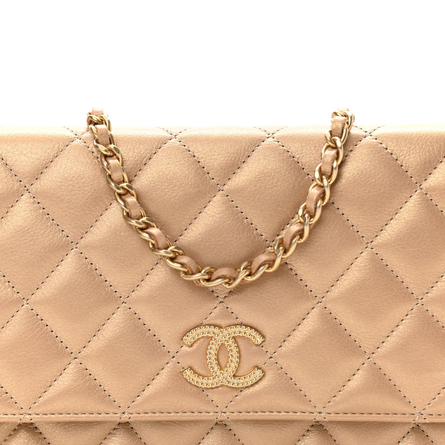 Metallic Calfskin Quilted Wallet On Chain WOC Gold