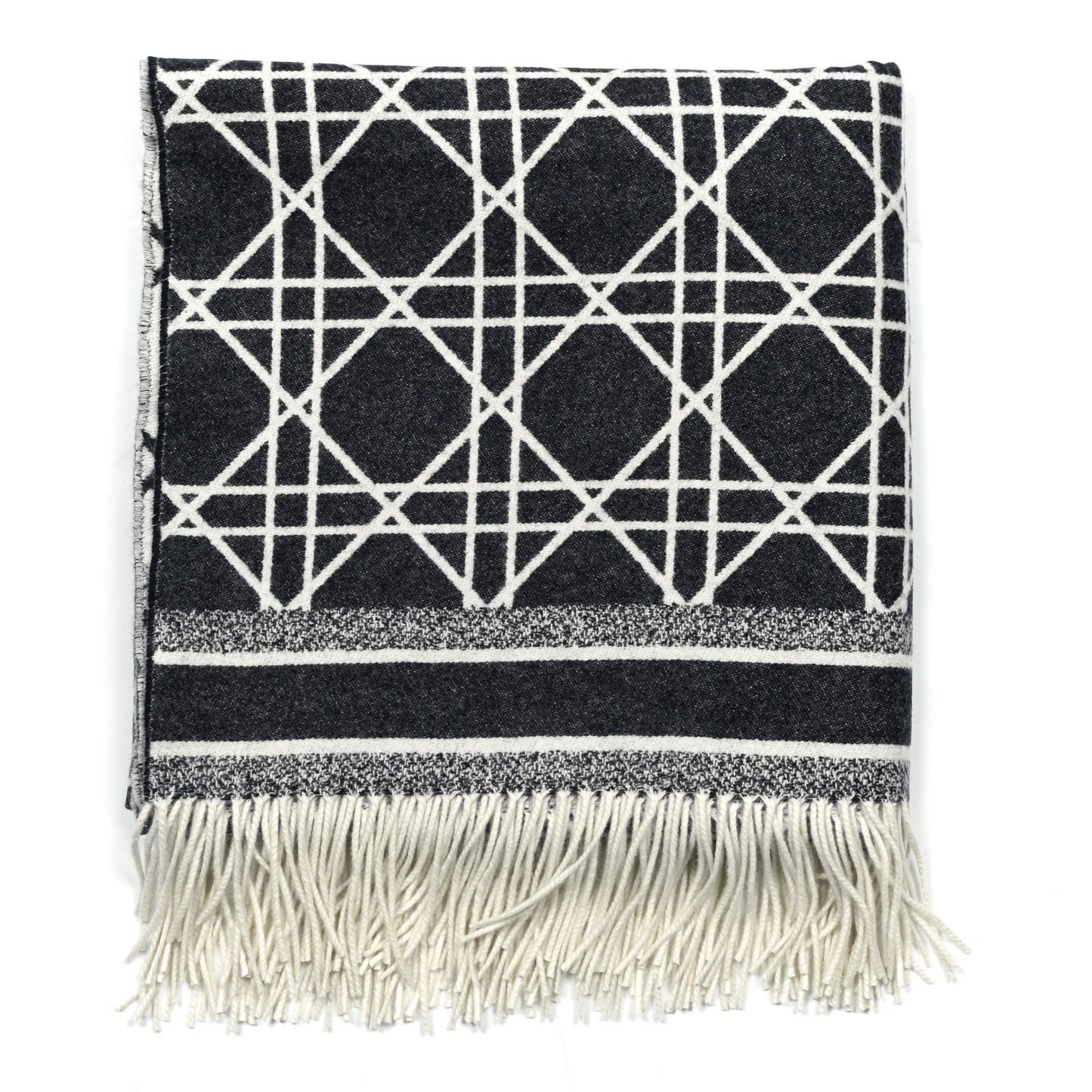 Cashmere Macrocannage Throw Blanket Navy Blue Off White