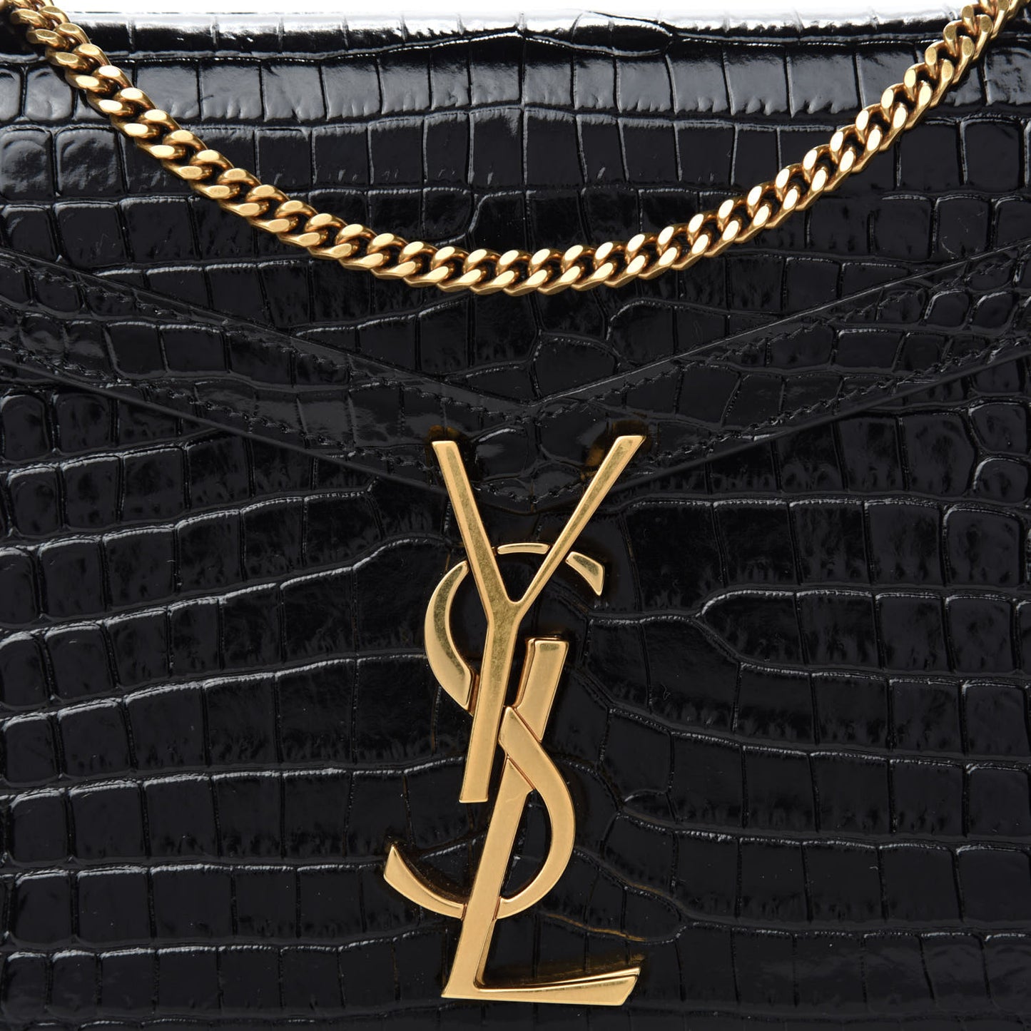 Calfskin Crocodile Embossed Monogram Cassandra Chain Wallet Black