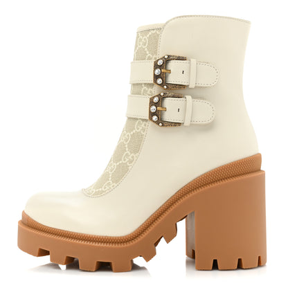 Gucci Kensington Calfskin Nappa GG Supreme Monogram Womens Double Buckle Ankle Boots 36 Mystic White Beige 1 of 9