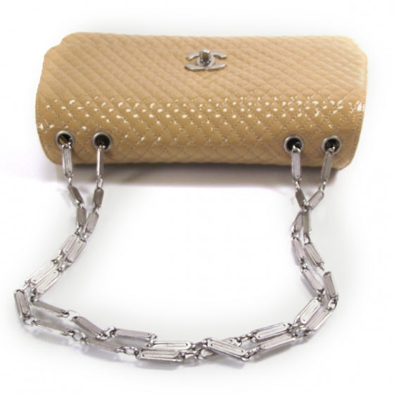 Patent Quilted Flap Chain Bag Beige