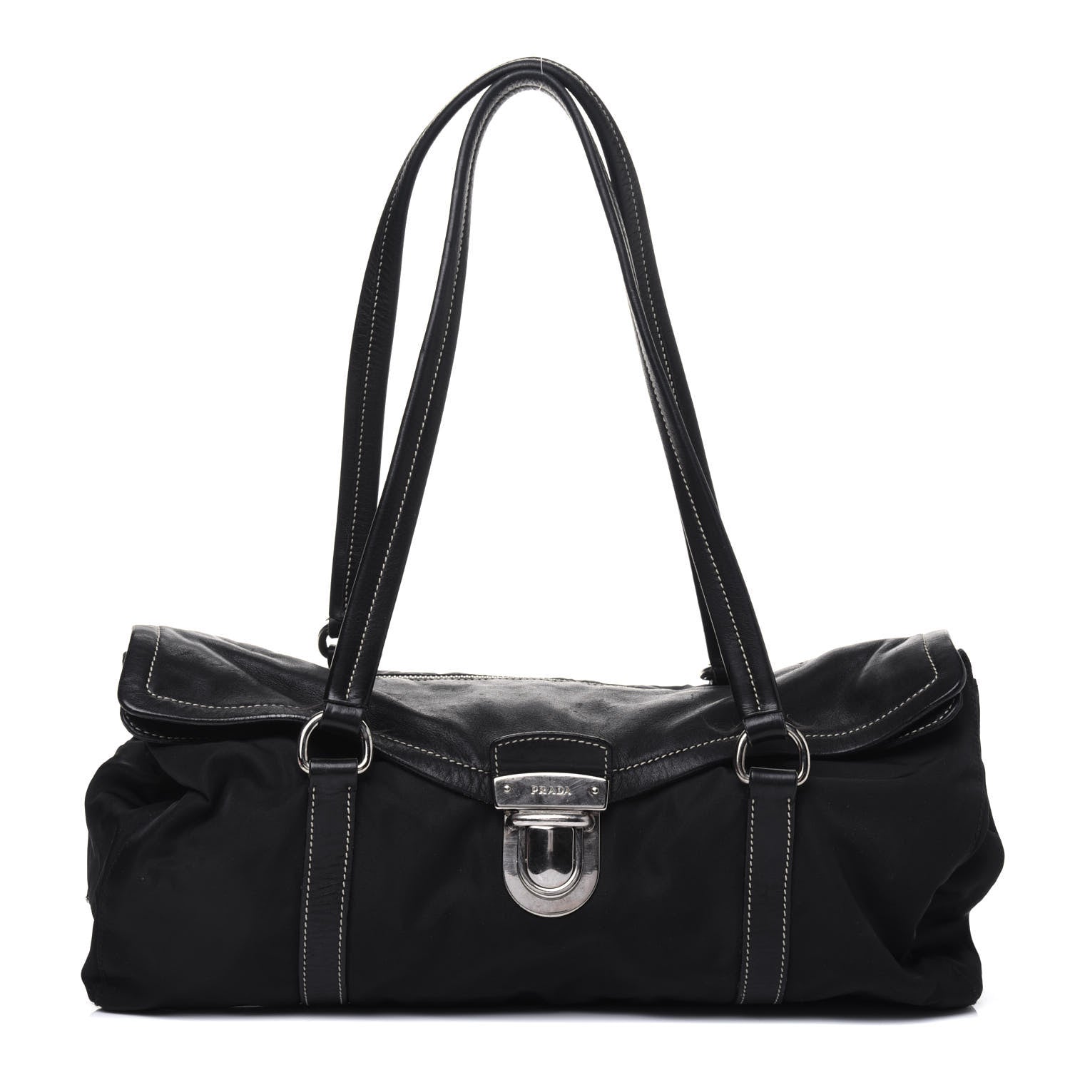 Prada Tessuto Nylon Vitello Foldover Pushlock Satchel Black 1 of 27