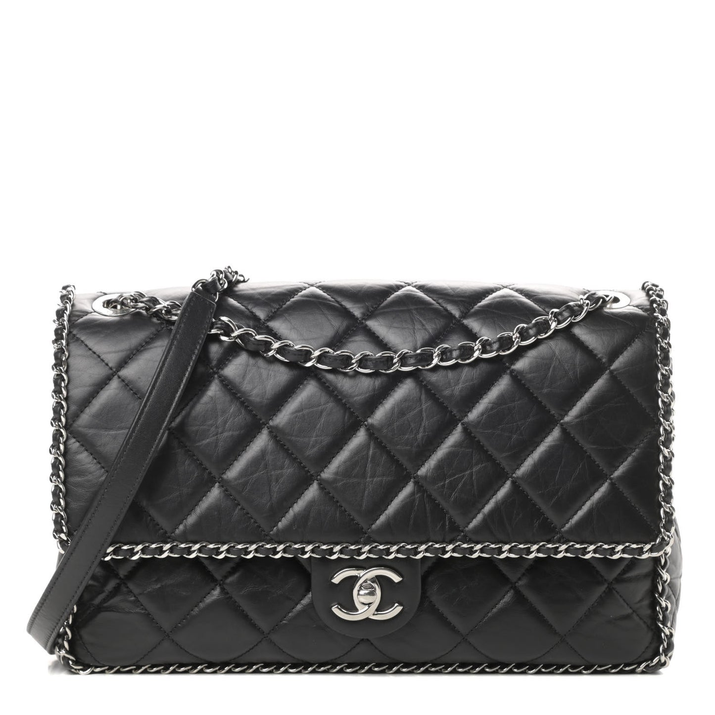 Crumpled Calfskin Quilted Large Chain All Over Flap Bag Black