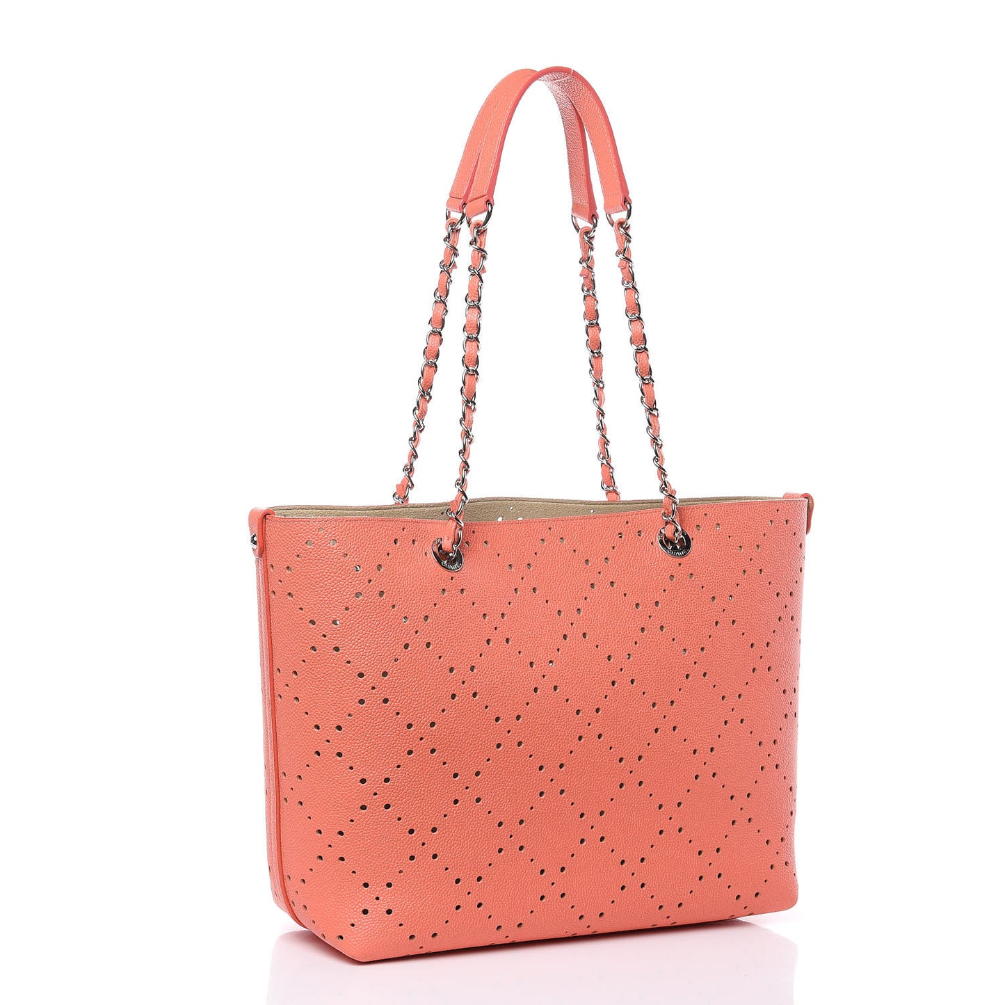 Perforated Grained Calfskin Small Shopping Tote Coral Beige