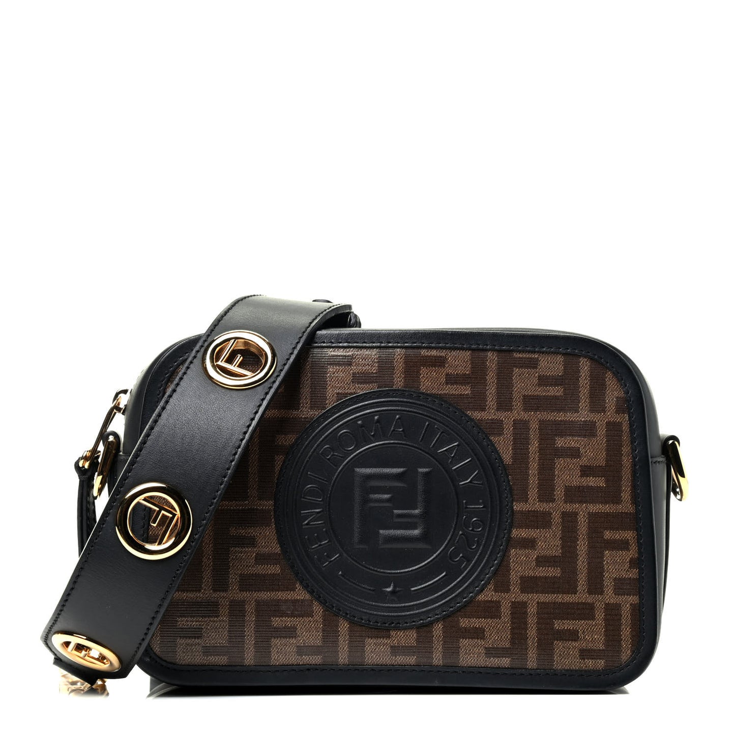Glazed Fabric Vitello Century F is Fendi FF 1974 Stamp Patch Camera Case Mogano Panna Black