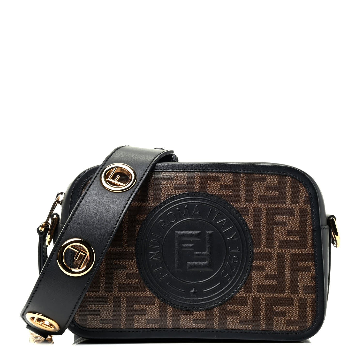 Fendi Glazed Fabric Vitello Century F is Fendi FF 1974 Stamp Patch Camera Case Mogano Panna Black 1 of 4